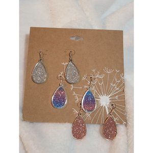 3 pairs of Sparkling Teardrop Dangle Earrings | Silver, Pink, Purple and Blue, P